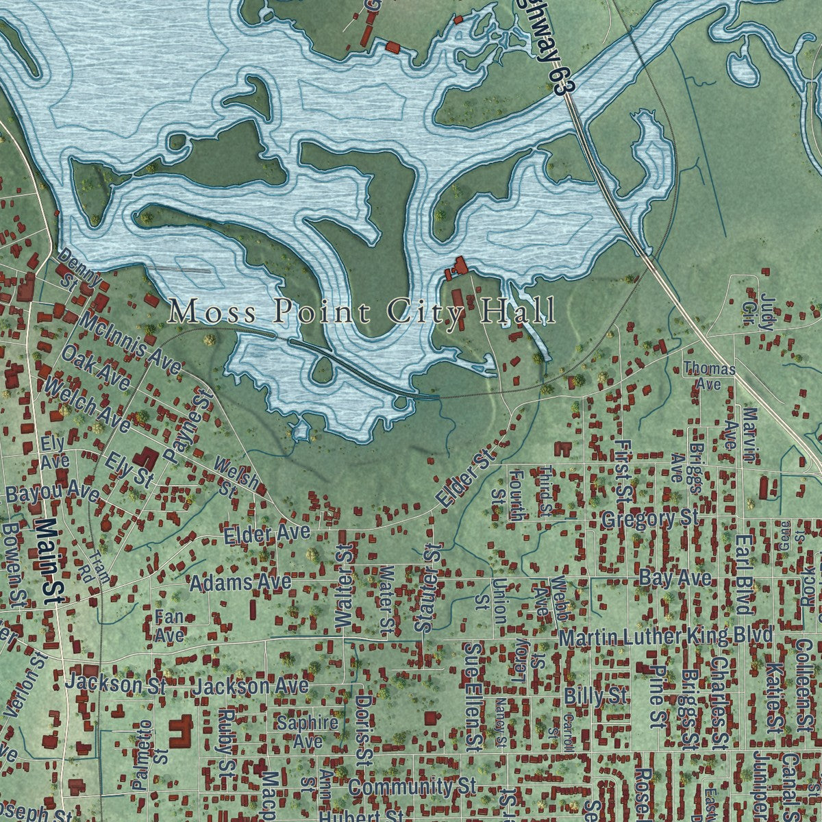Close-up of the map of Moss Point, Mississippi print showing street and building detail