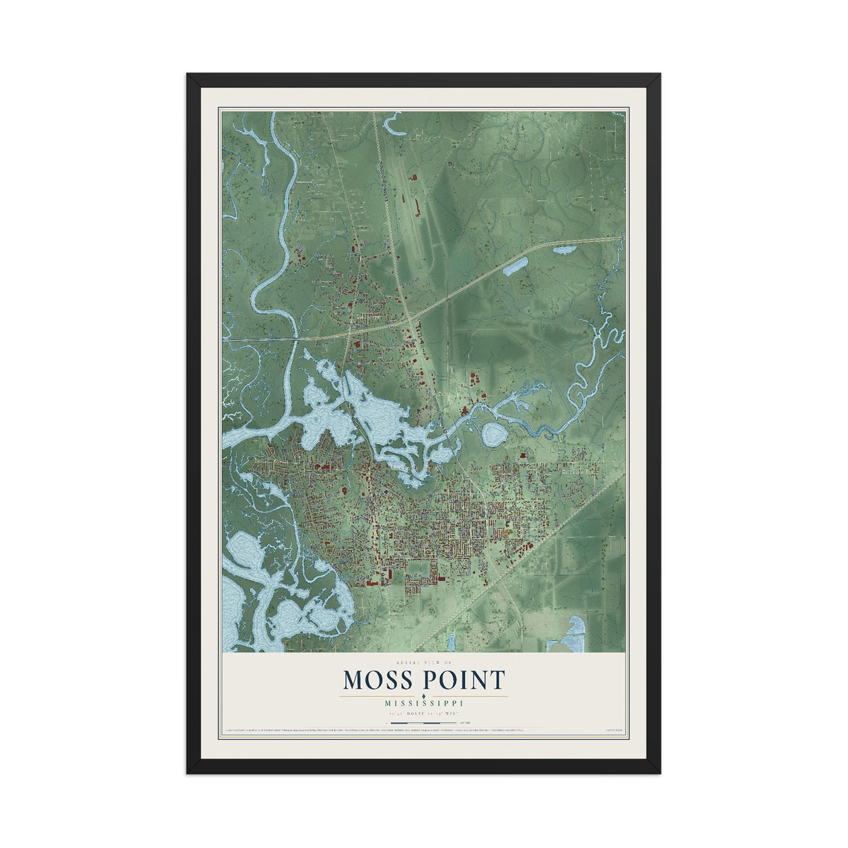 Map of Moss Point, Mississippi, 12 x 18 inch print in a black wood frame