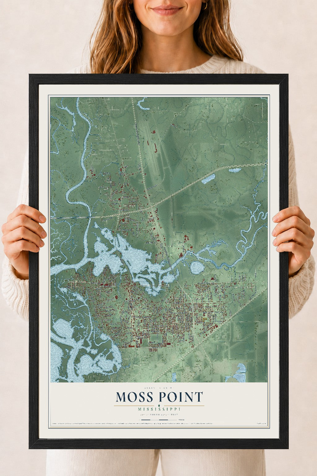 Map of Moss Point, Mississippi, 18 x 24 inch print in a black wood frame