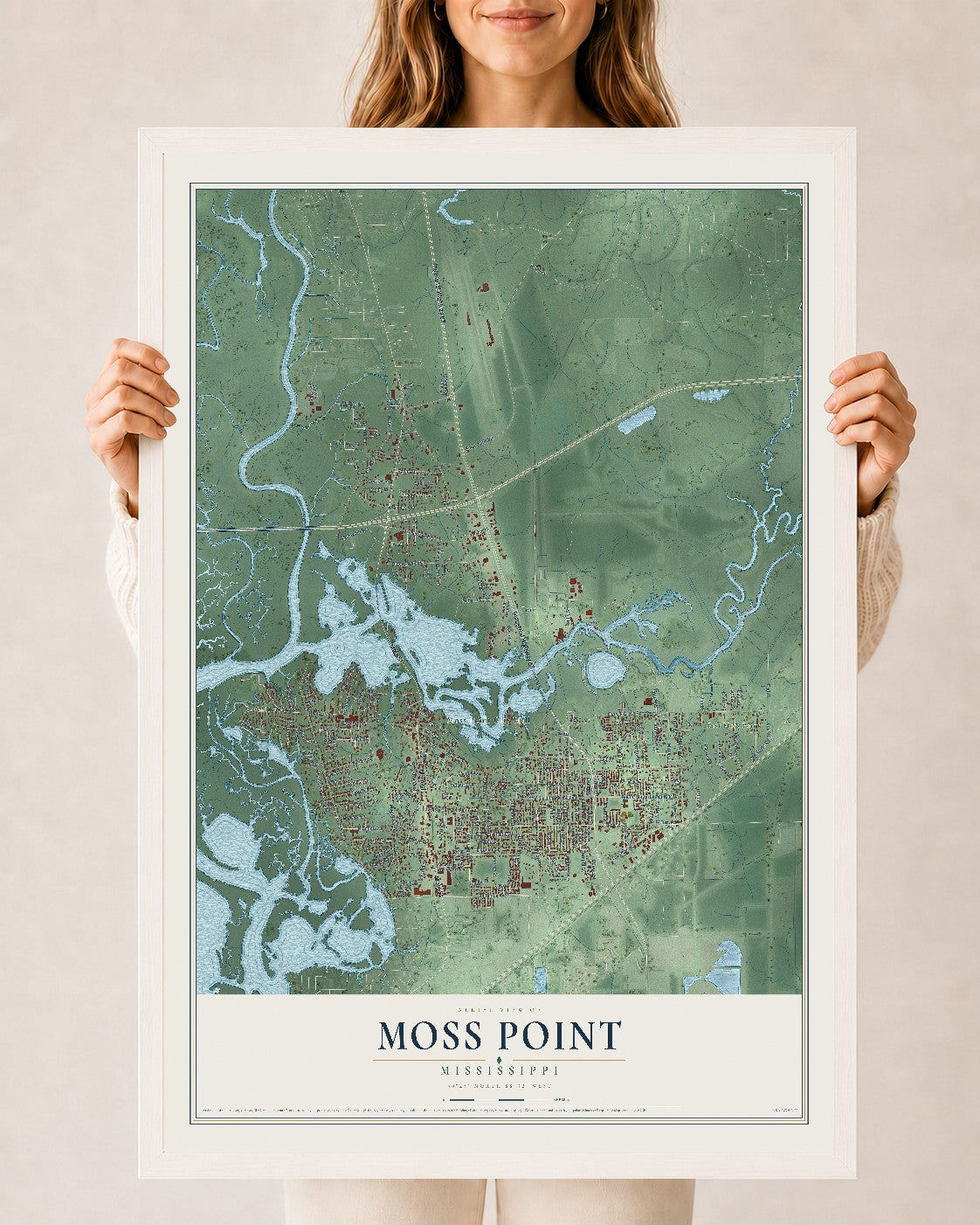 Map of Moss Point, Mississippi, 24 x 36 inch print in a white wood frame