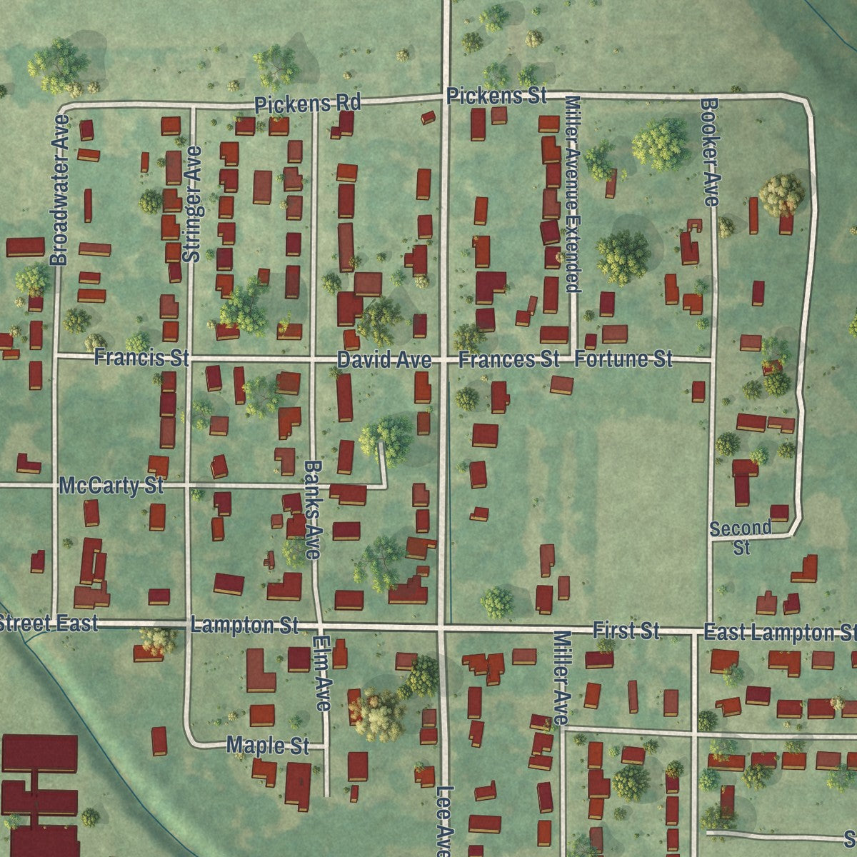 Close-up of the map of Mound Bayou, Mississippi print showing street and building detail