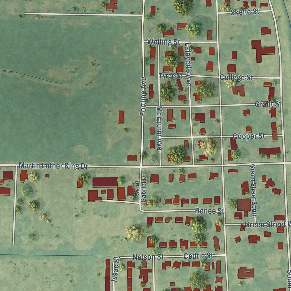 Second close-up of the map of Mound Bayou, Mississippi print showing more streets and buildings