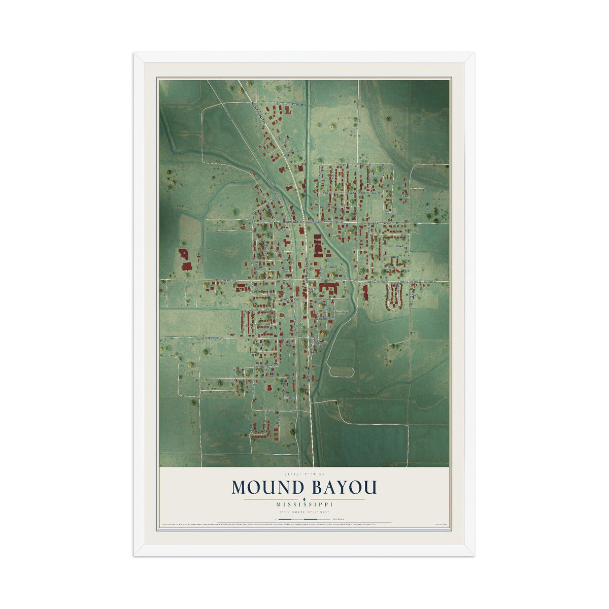 Map of Mound Bayou, Mississippi, 12 x 18 inch print in a white wood frame