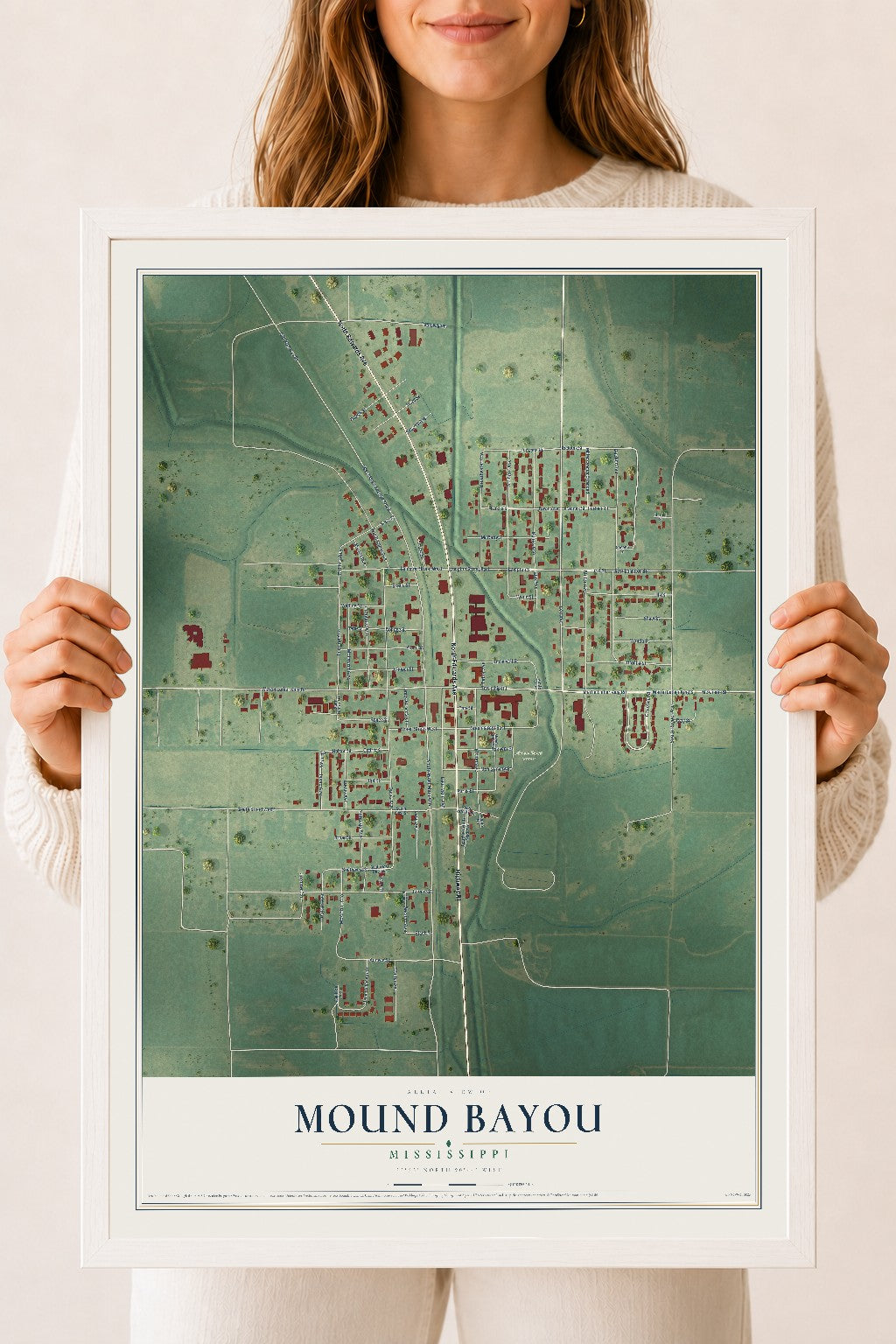 Map of Mound Bayou, Mississippi, 18 x 24 inch print in a white wood frame