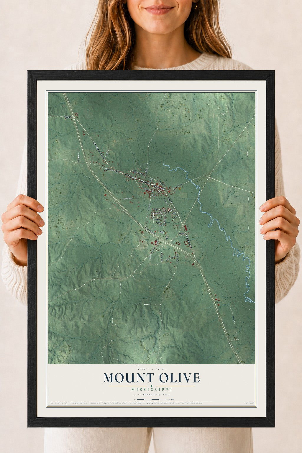Map of Mount Olive, Mississippi, 18 x 24 inch print in a black wood frame