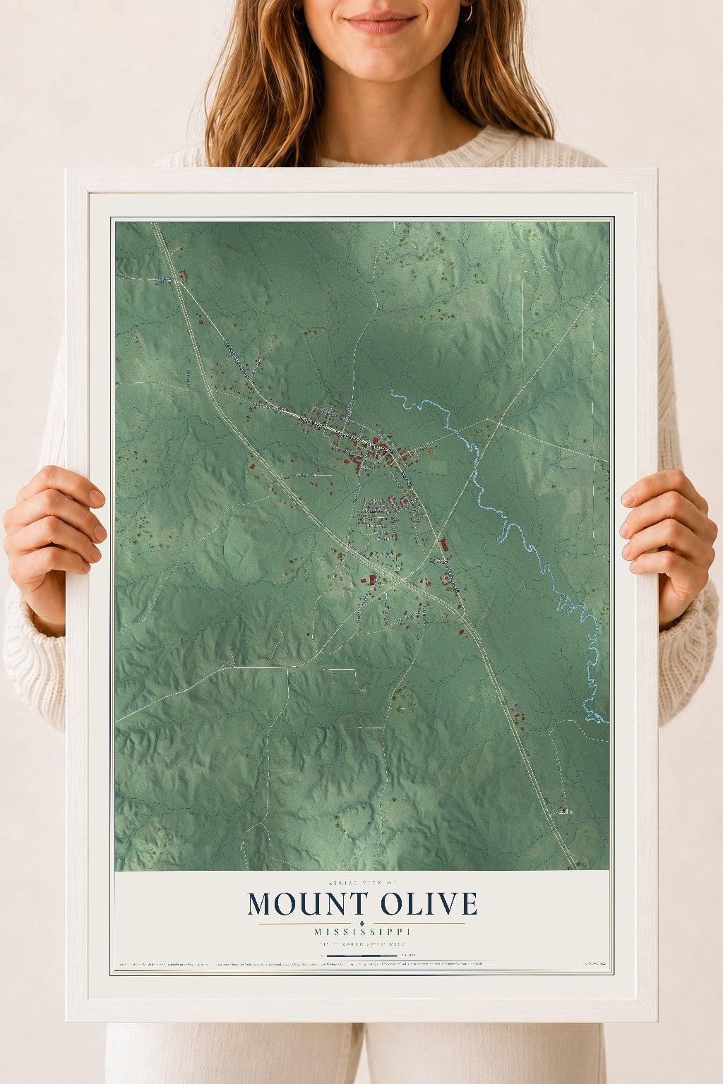Map of Mount Olive, Mississippi, 18 x 24 inch print in a white wood frame