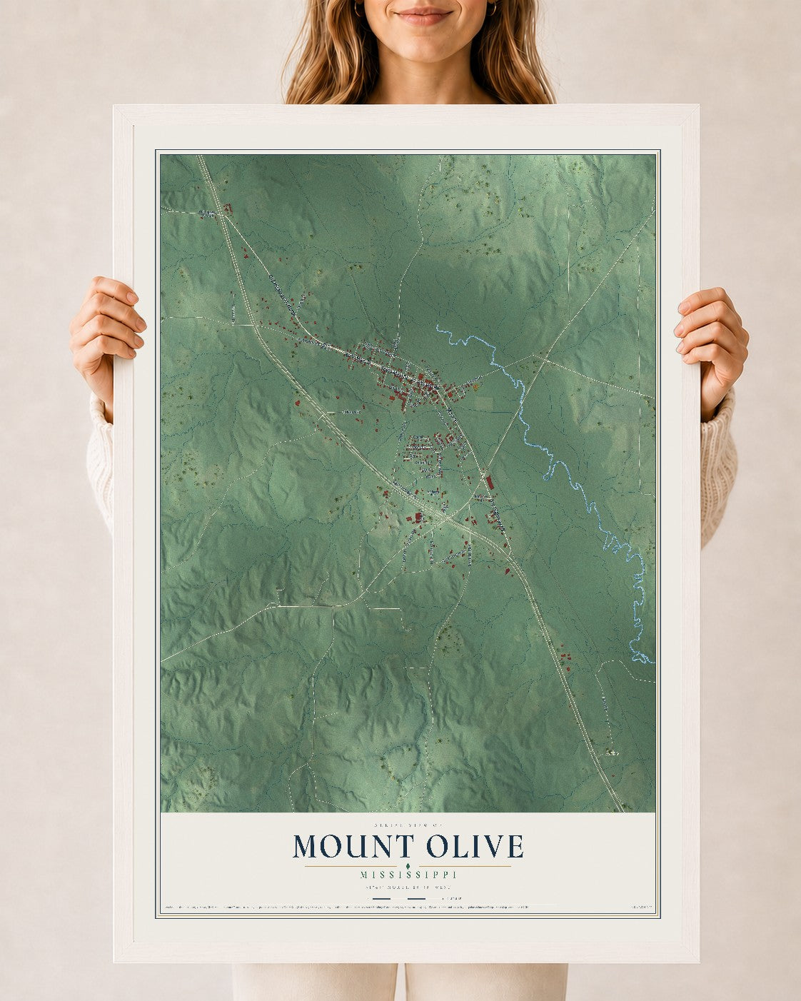 Map of Mount Olive, Mississippi, 24 x 36 inch print in a white wood frame