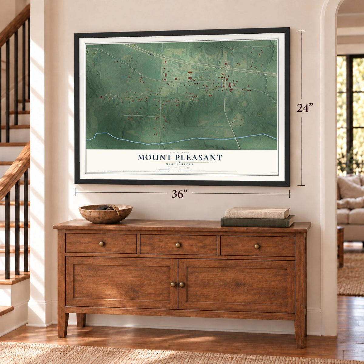 Mount Pleasant, Mississippi map, 24 x 36 inch print in a black frame above a dresser by a staircase