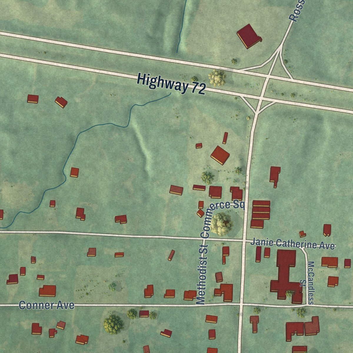 Close-up of the map of Mount Pleasant, Mississippi print showing street and building detail