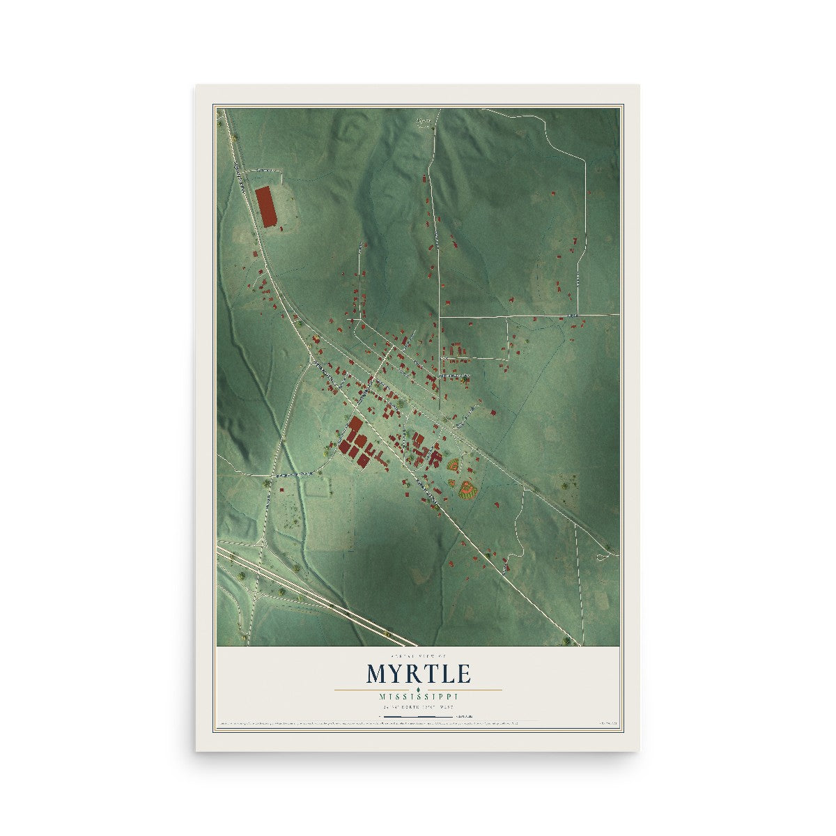 Map of Myrtle, Mississippi, 12 x 18 inch unframed archival matte print