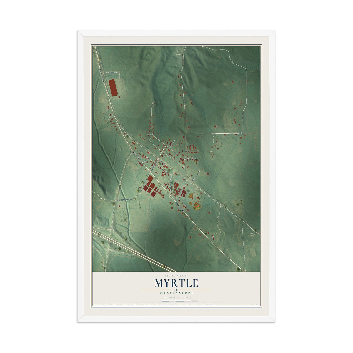 Map of Myrtle, Mississippi, 12 x 18 inch print in a white wood frame