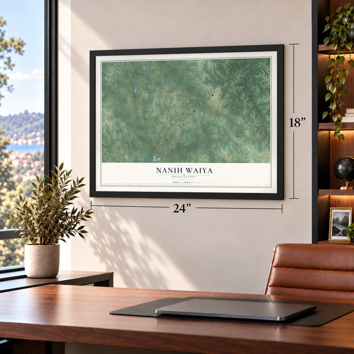 Nanih Waiya, Mississippi map, 18 x 24 inch print in a black frame in a home office