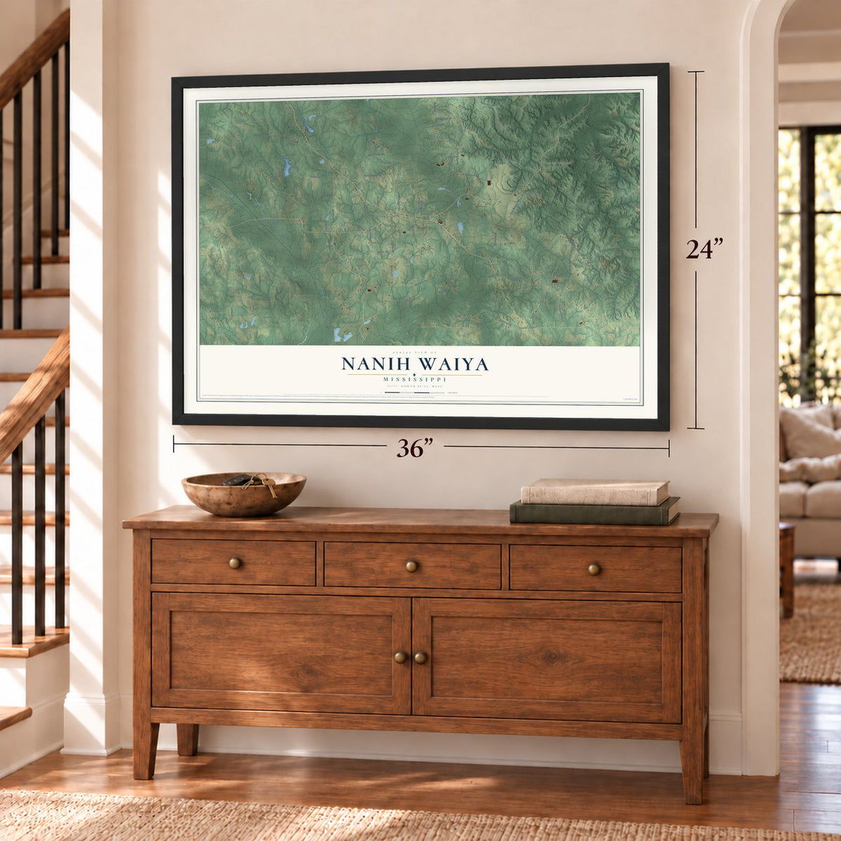 Nanih Waiya, Mississippi map, 24 x 36 inch print in a black frame above a dresser by a staircase