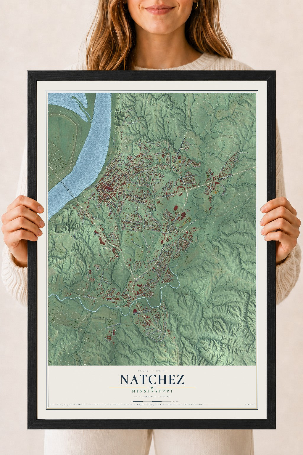 Map of Natchez, Mississippi, 18 x 24 inch print in a black wood frame