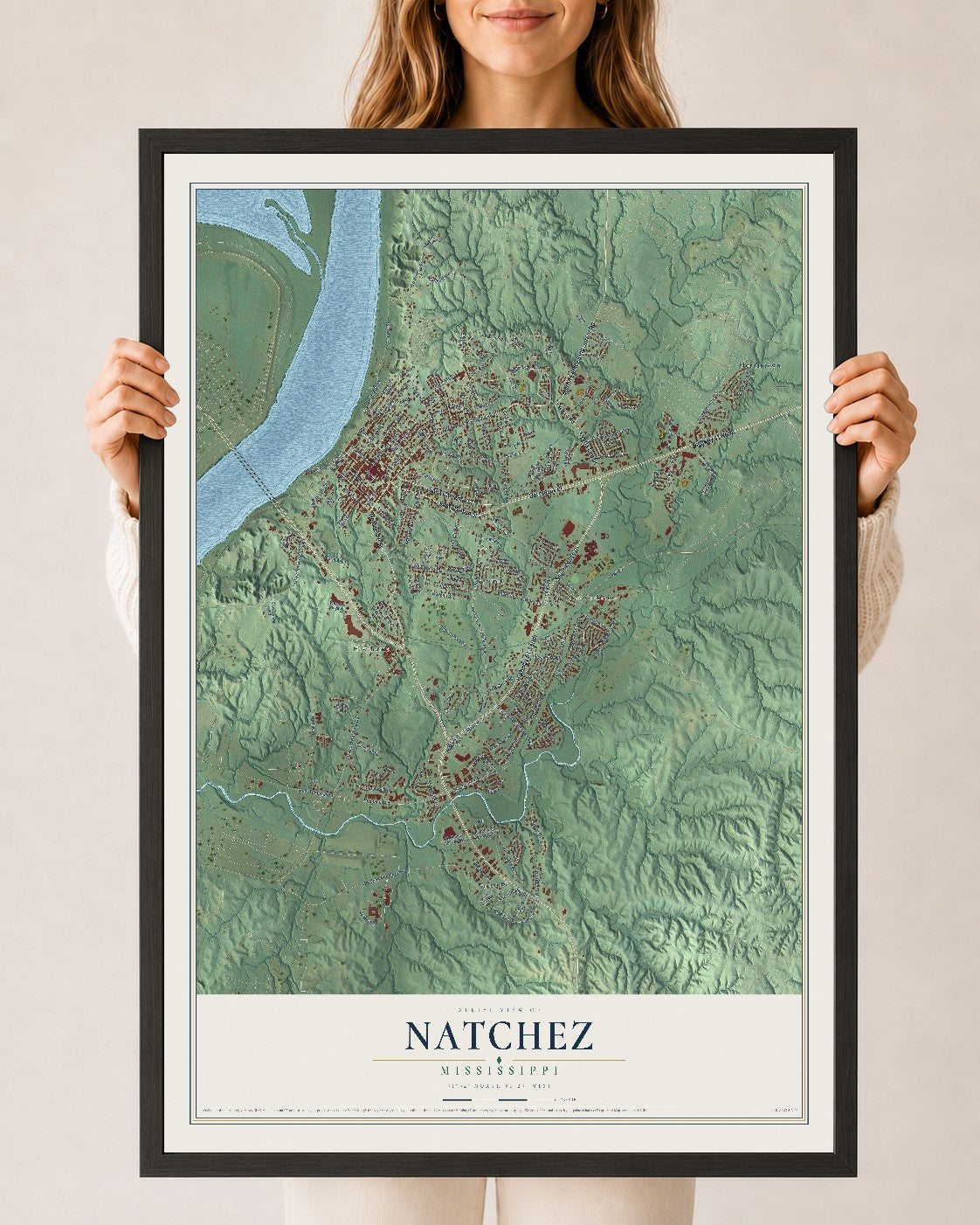 Map of Natchez, Mississippi, 24 x 36 inch print in a black wood frame