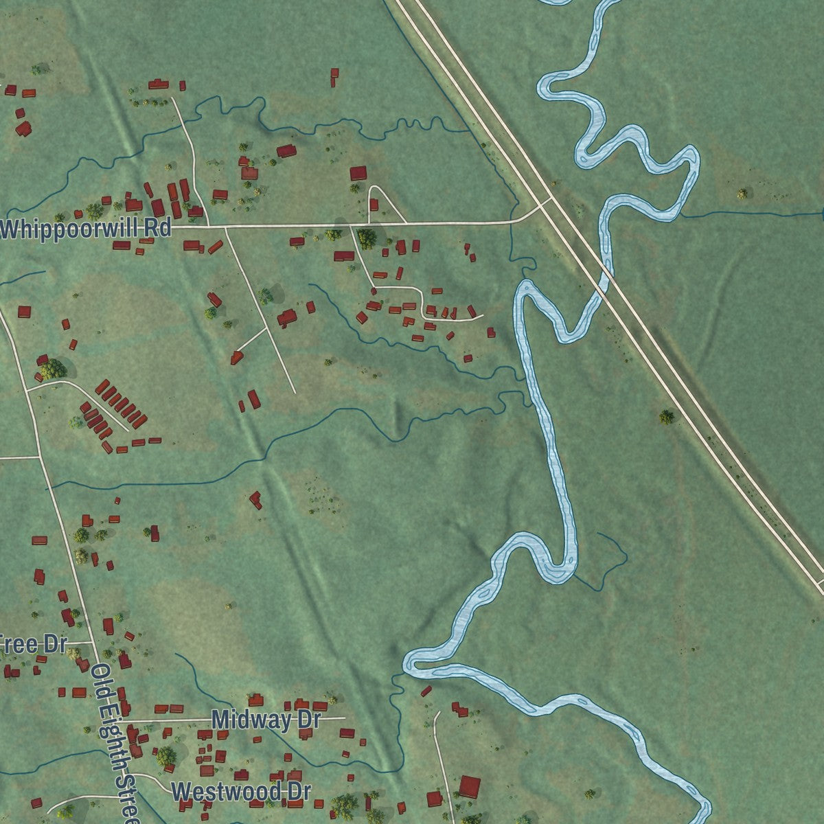 Close-up of the map of Nellieburg, Mississippi print showing street and building detail