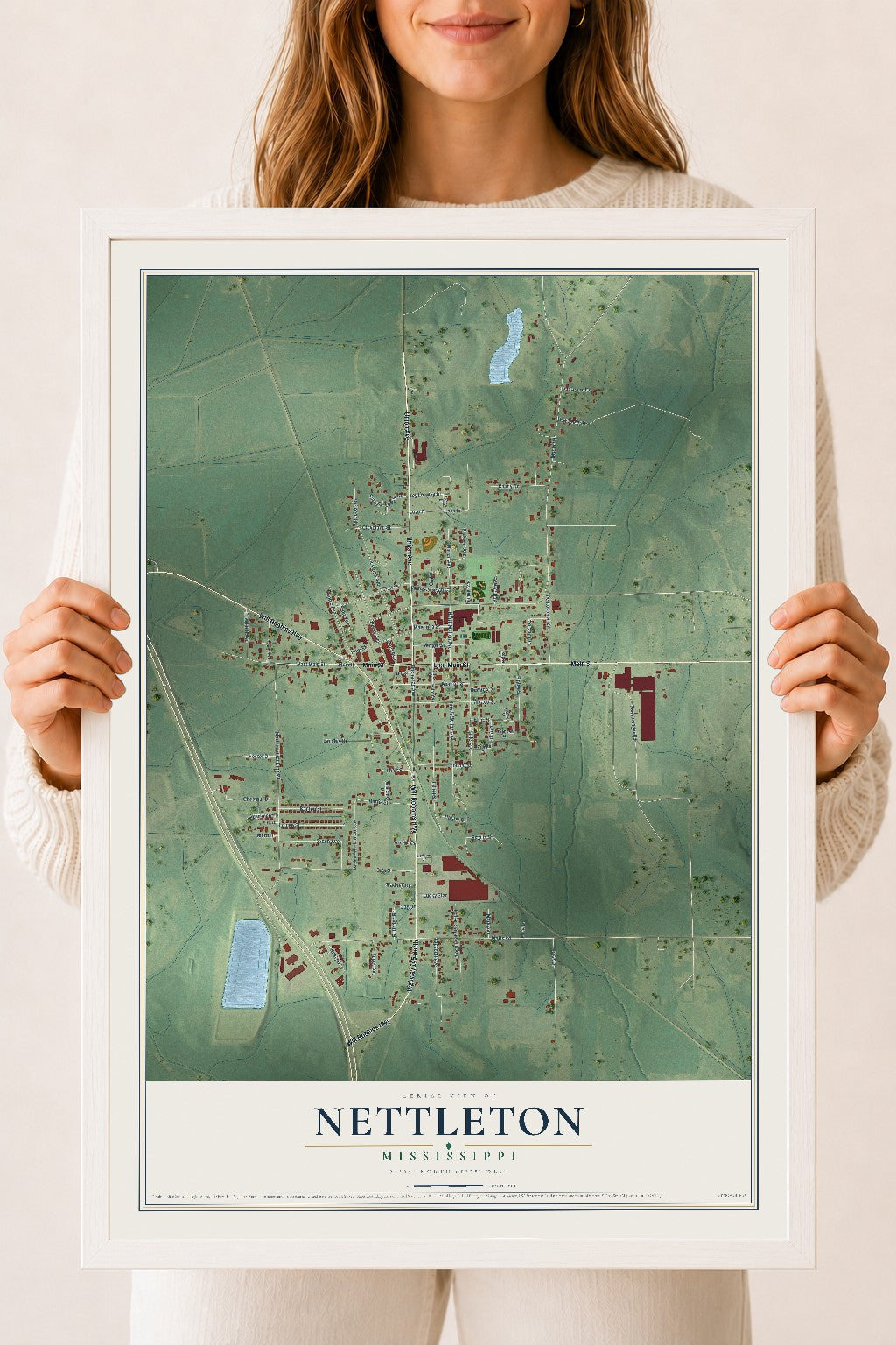 Map of Nettleton, Mississippi, 18 x 24 inch print in a white wood frame