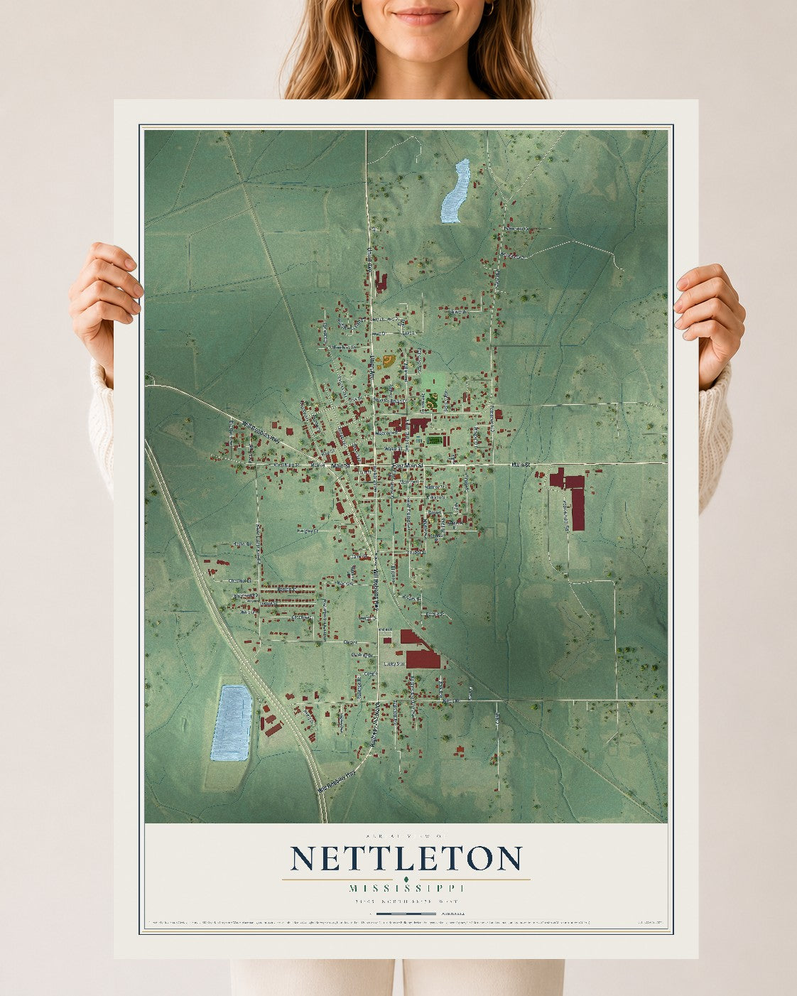 Map of Nettleton, Mississippi, 24 x 36 inch unframed archival matte print
