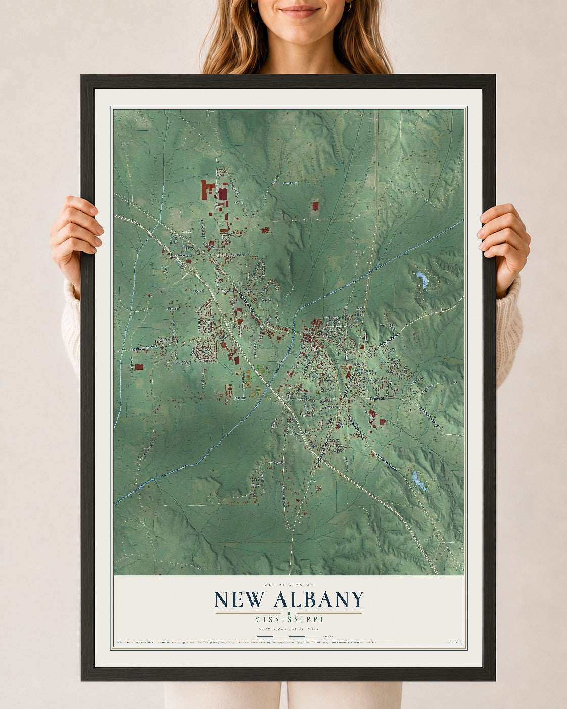 Map of New Albany, Mississippi, 24 x 36 inch print in a black wood frame
