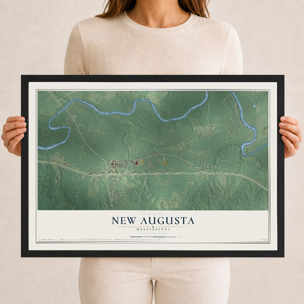 Map of New Augusta, Mississippi, 12 x 18 inch print in a black wood frame