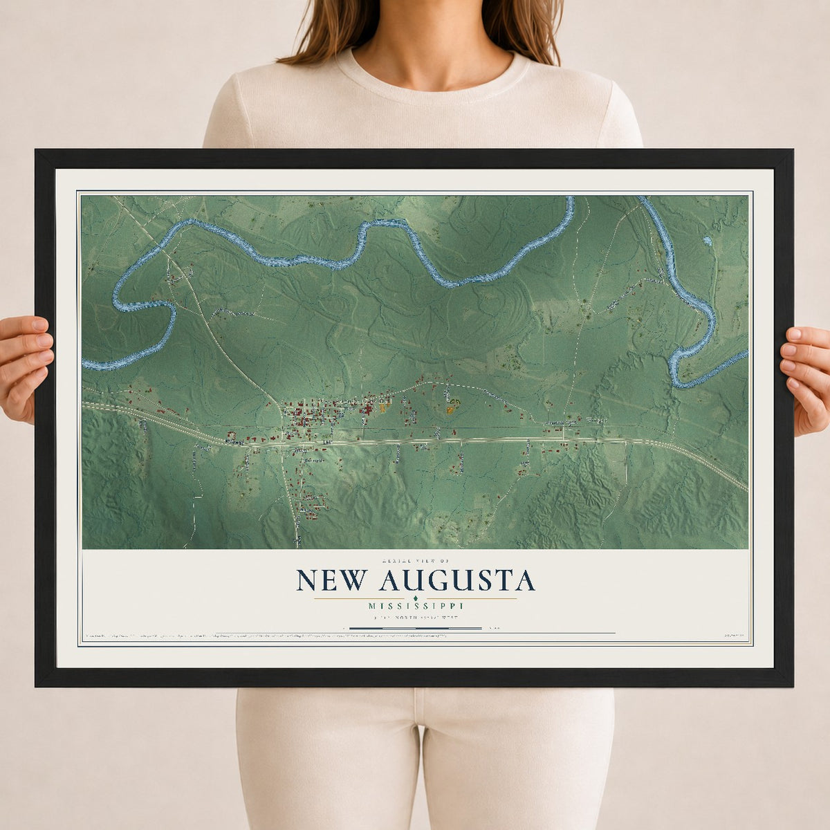 Map of New Augusta, Mississippi, 18 x 24 inch print in a black wood frame
