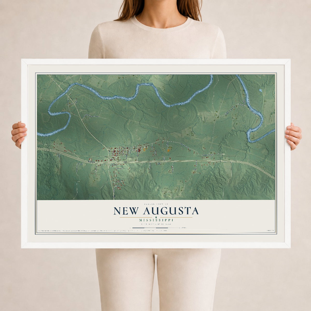 Map of New Augusta, Mississippi, 24 x 36 inch print in a white wood frame