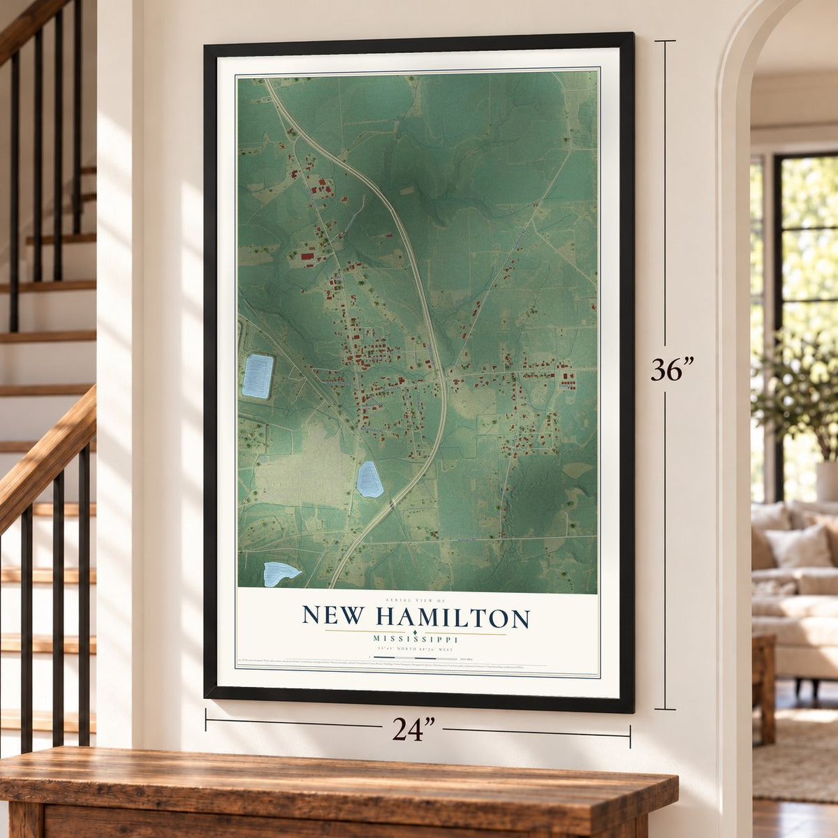 New Hamilton, Mississippi map, 24 x 36 inch print in a black frame by a staircase