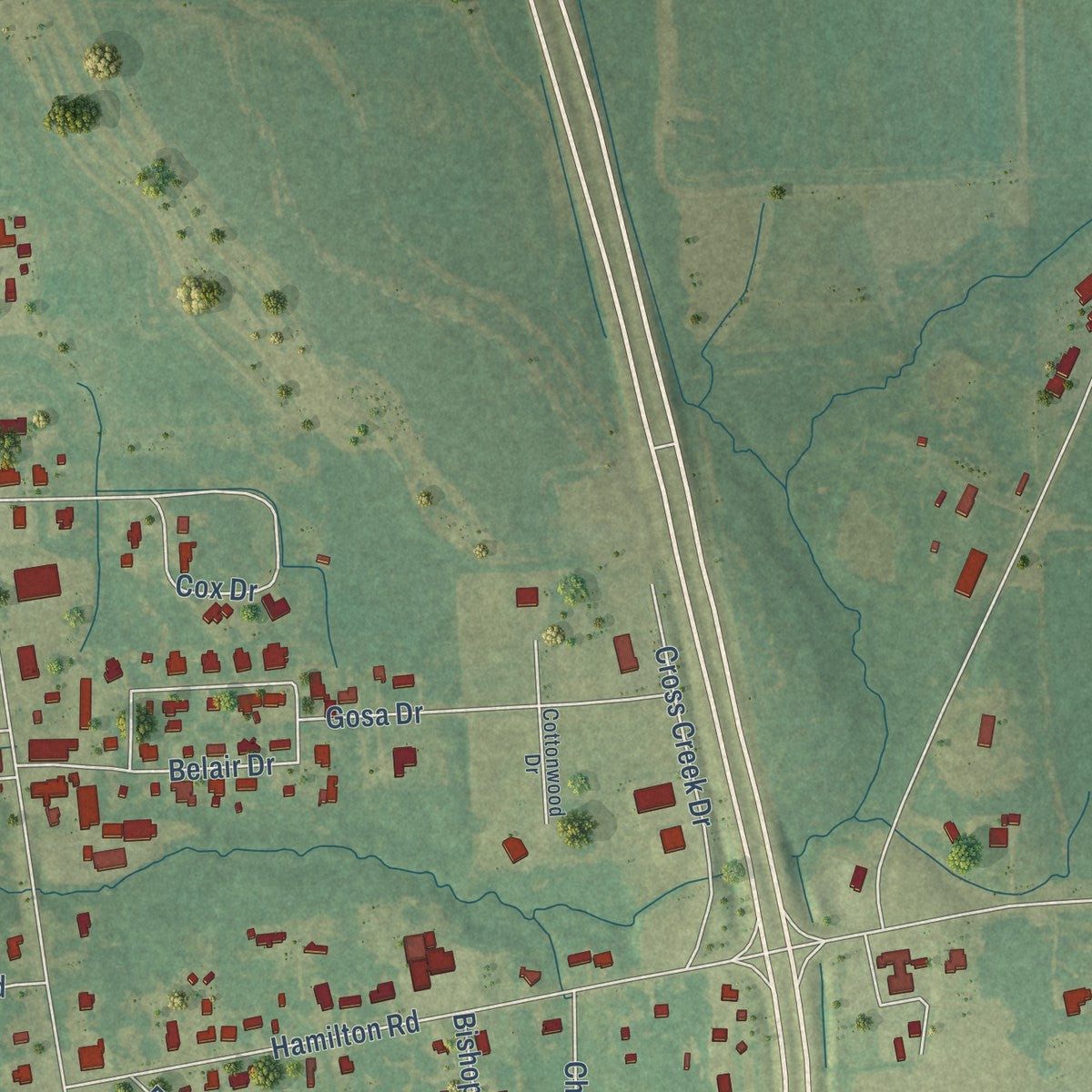 Close-up of the map of New Hamilton, Mississippi print showing street and building detail