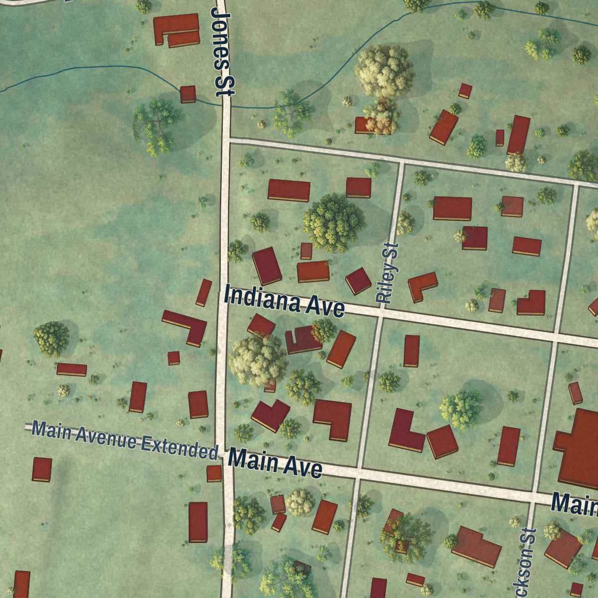 Close-up of the map of New Hebron, Mississippi print showing street and building detail