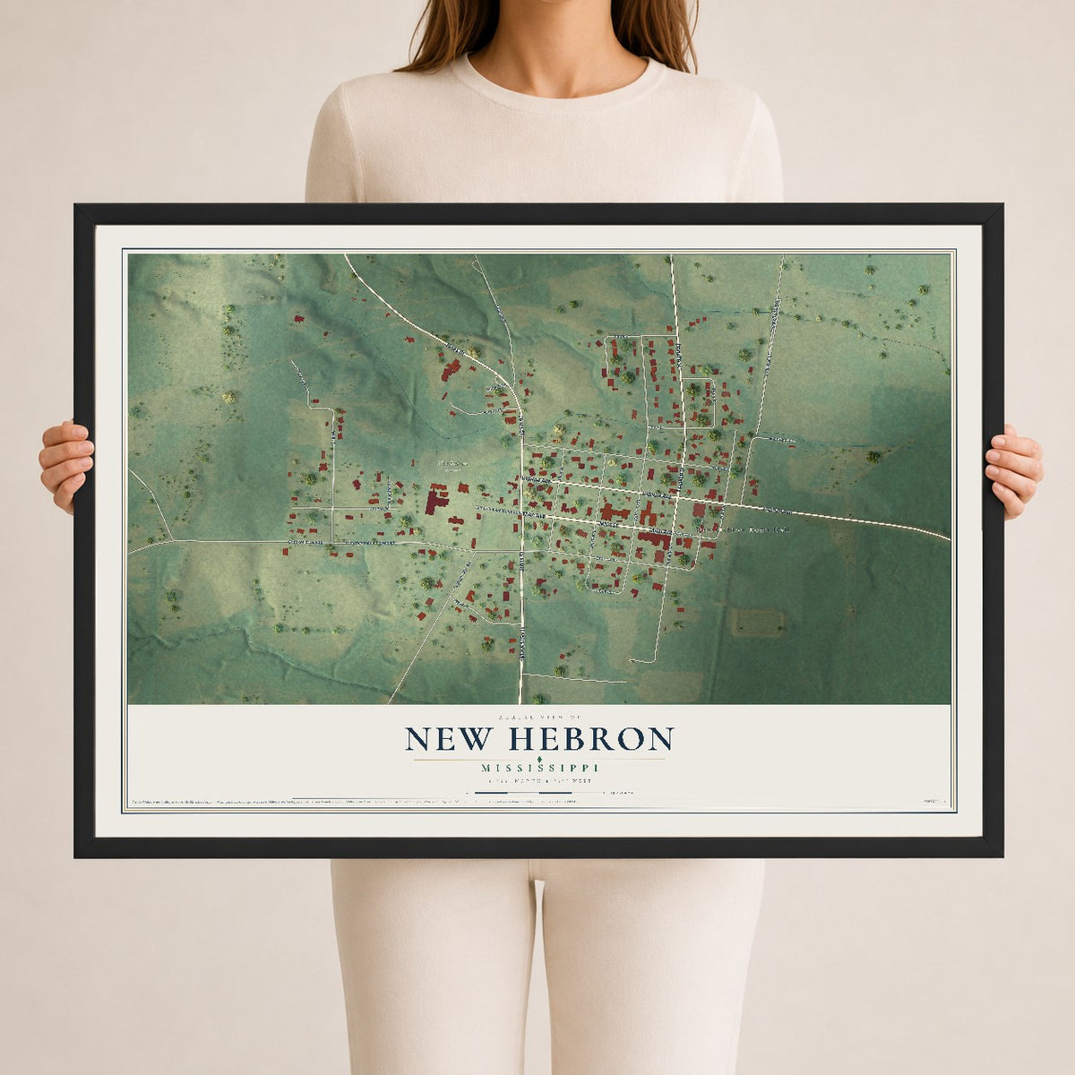 Map of New Hebron, Mississippi, 24 x 36 inch print in a black wood frame