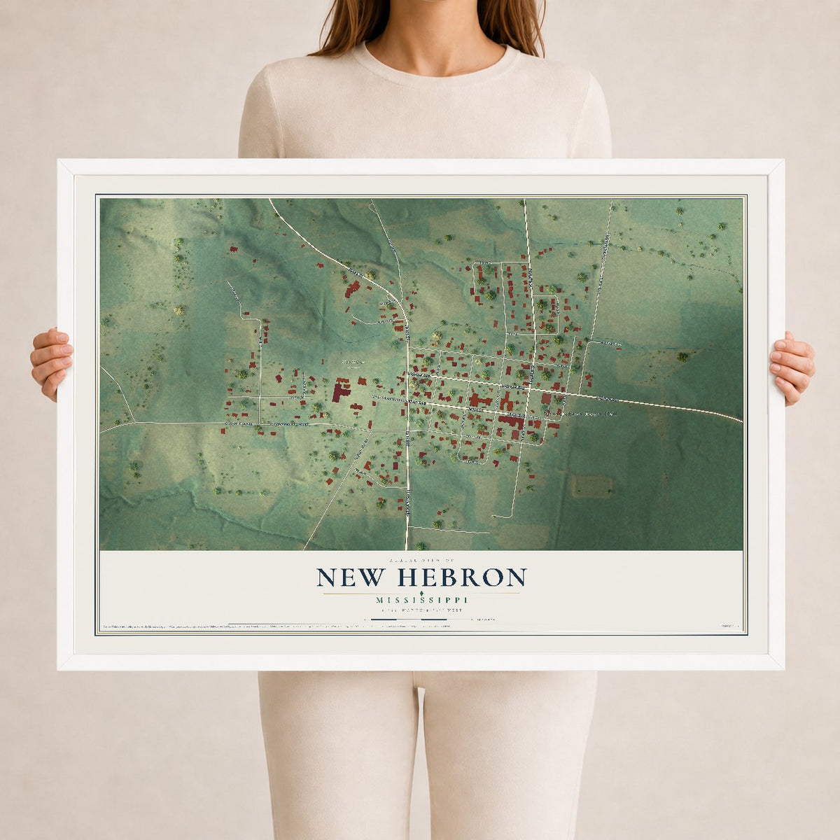 Map of New Hebron, Mississippi, 24 x 36 inch print in a white wood frame