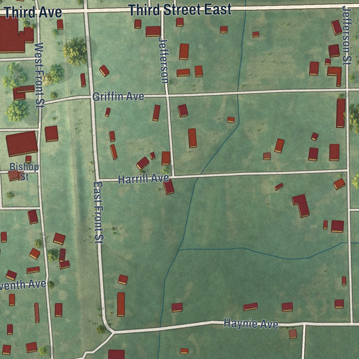 Close-up of the map of New Houlka, Mississippi print showing street and building detail