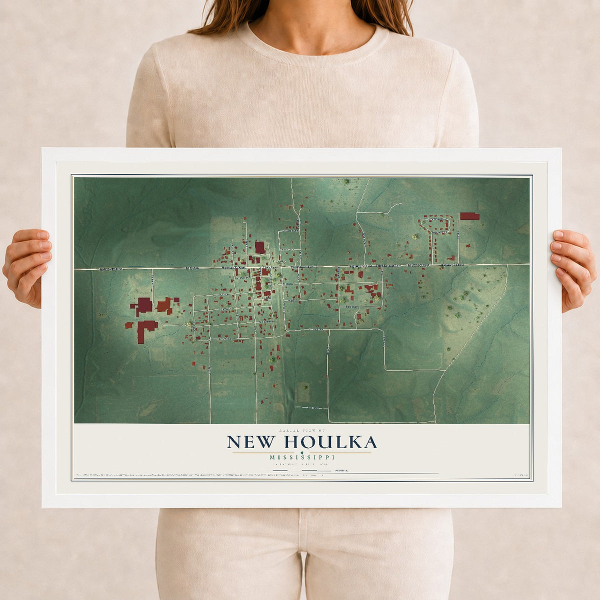 Map of New Houlka, Mississippi, 12 x 18 inch print in a white wood frame