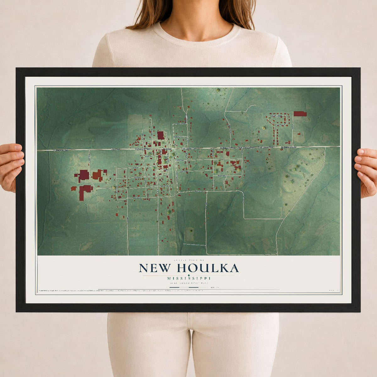 Map of New Houlka, Mississippi, 18 x 24 inch print in a black wood frame
