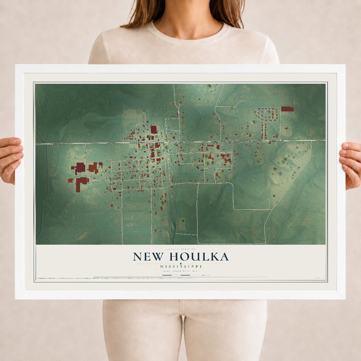 Map of New Houlka, Mississippi, 18 x 24 inch print in a white wood frame