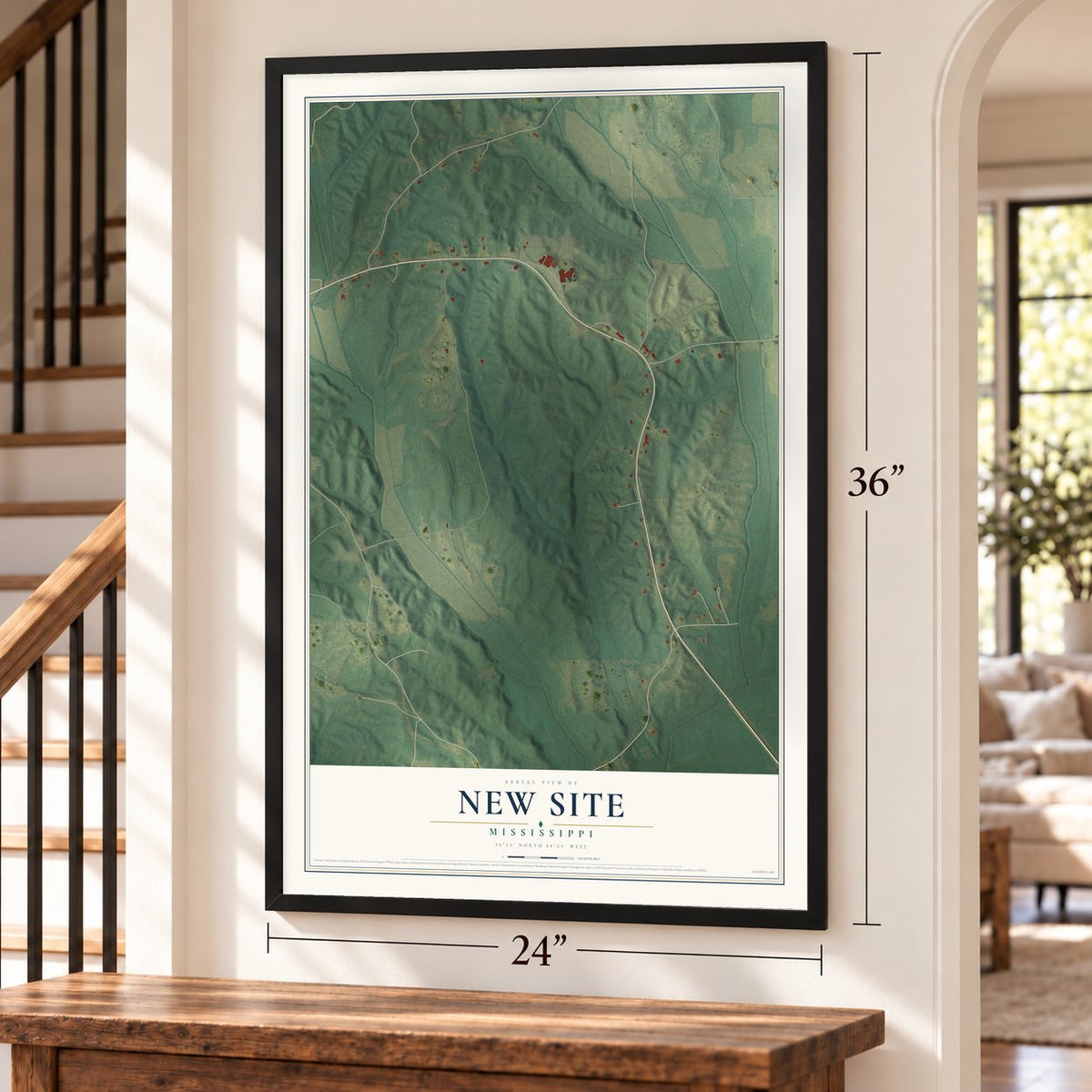 New Site, Mississippi map, 24 x 36 inch print in a black frame by a staircase