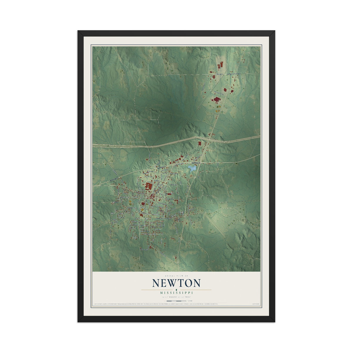 Map of Newton, Mississippi, 12 x 18 inch print in a black wood frame