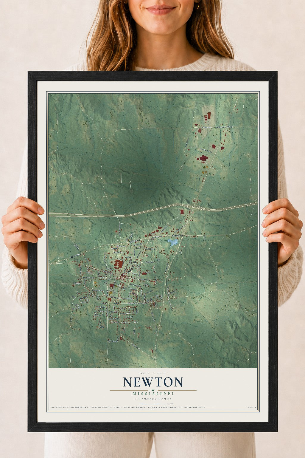Map of Newton, Mississippi, 18 x 24 inch print in a black wood frame