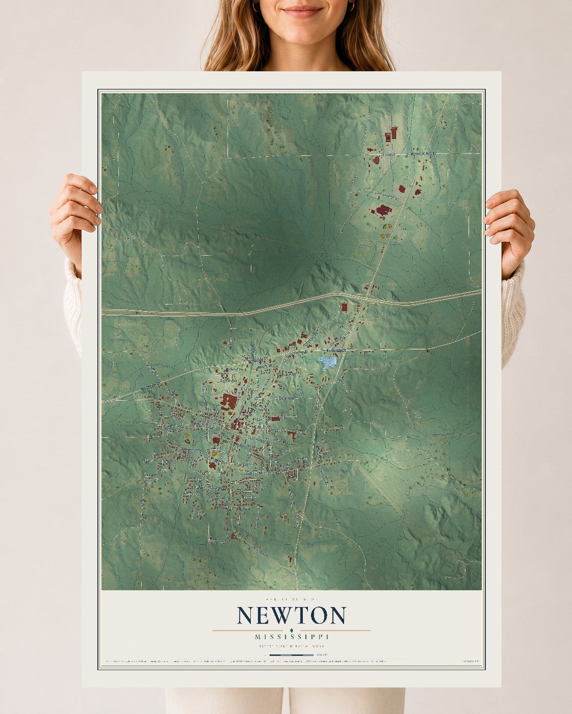 Map of Newton, Mississippi, 24 x 36 inch unframed archival matte print