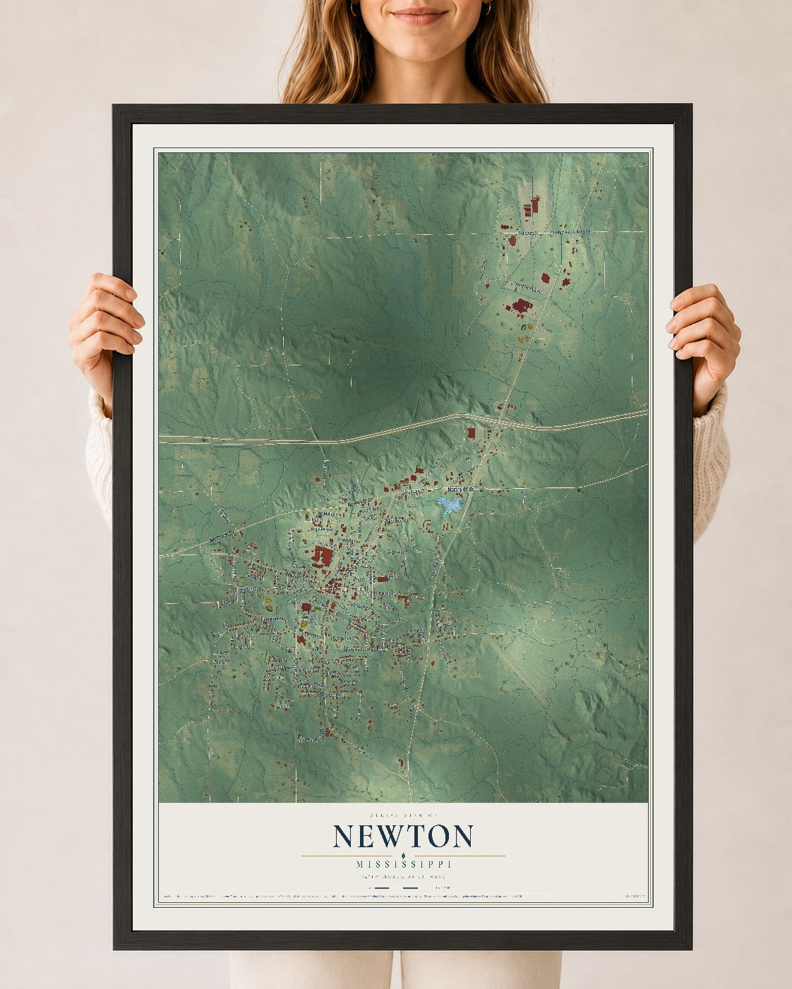 Map of Newton, Mississippi, 24 x 36 inch print in a black wood frame