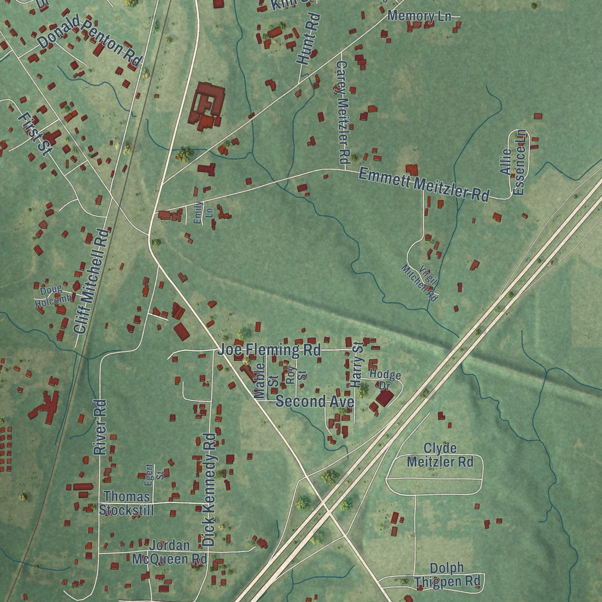Close-up of the map of Nicholson, Mississippi print showing street and building detail