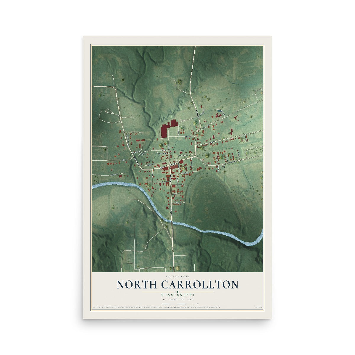 Map of North Carrollton, Mississippi, 12 x 18 inch unframed archival matte print