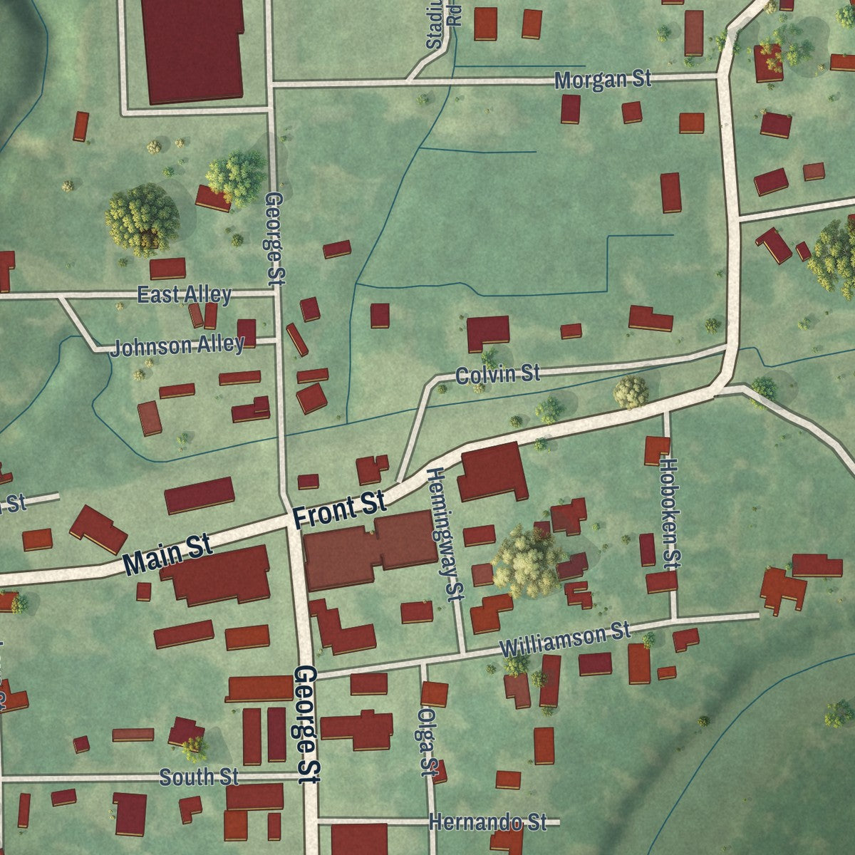 Close-up of the map of North Carrollton, Mississippi print showing street and building detail