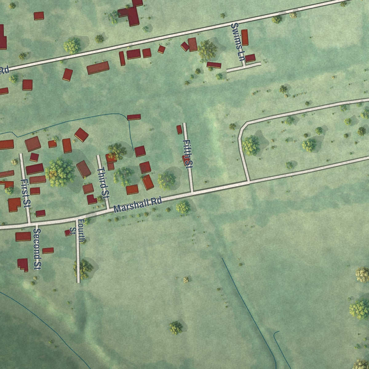 Second close-up of the map of North Carrollton, Mississippi print showing more streets and buildings