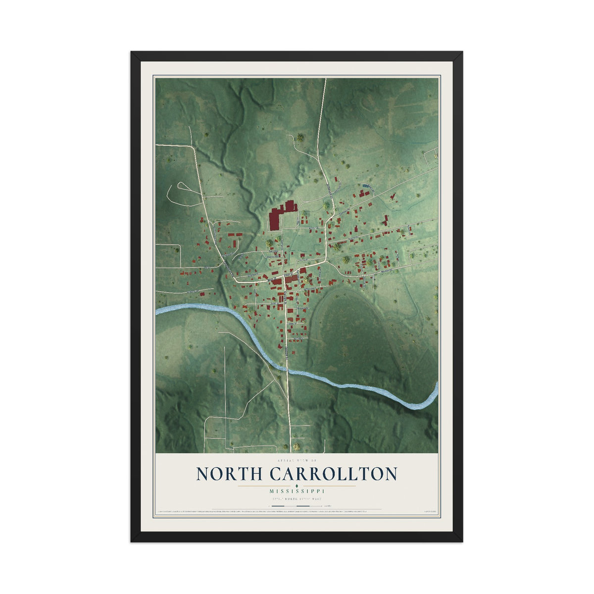 Map of North Carrollton, Mississippi, 12 x 18 inch print in a black wood frame