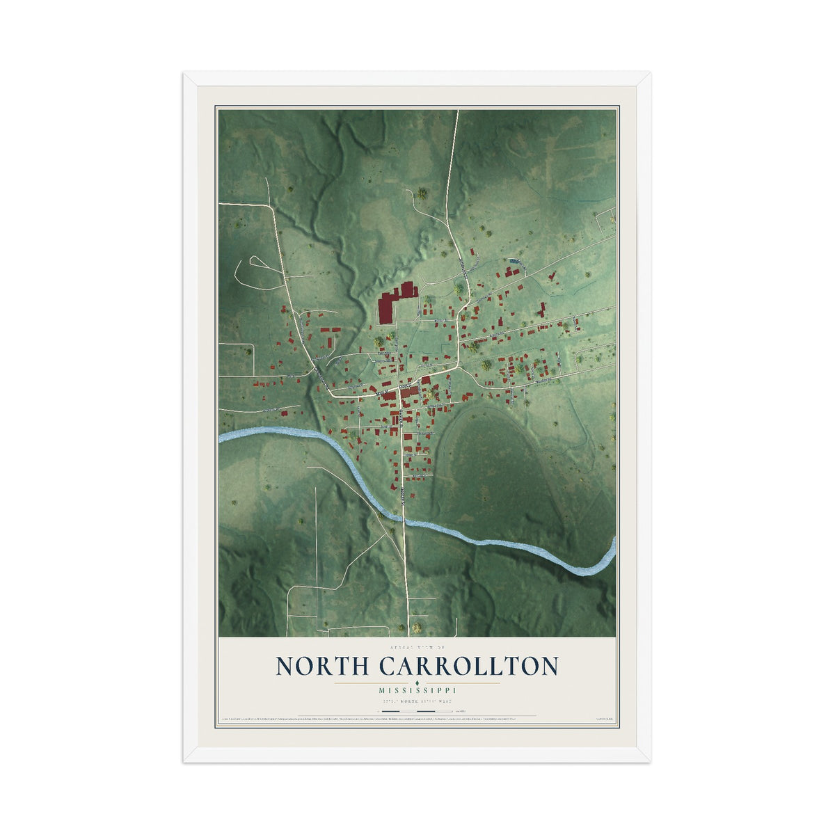 Map of North Carrollton, Mississippi, 12 x 18 inch print in a white wood frame