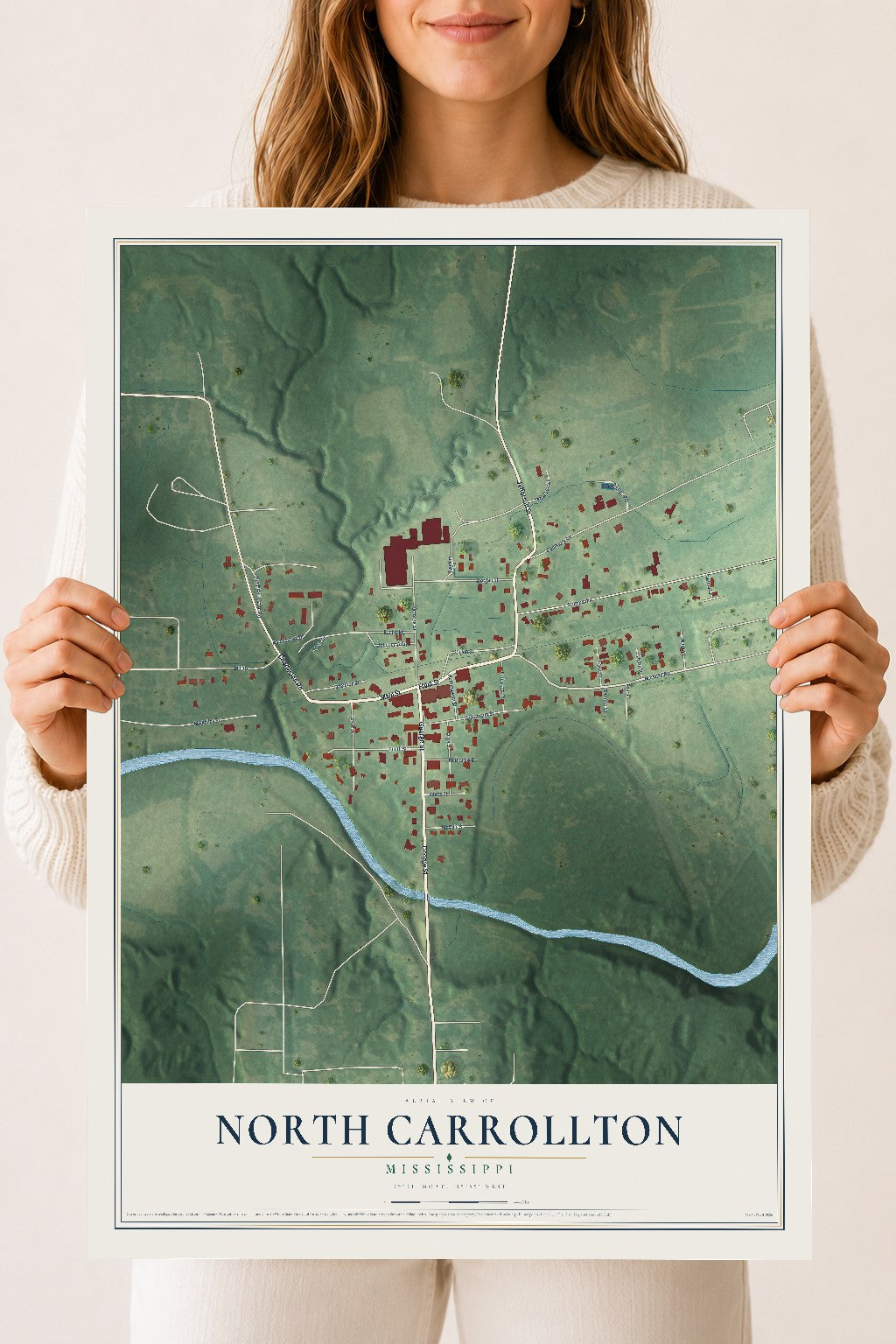 Map of North Carrollton, Mississippi, 18 x 24 inch unframed archival matte print