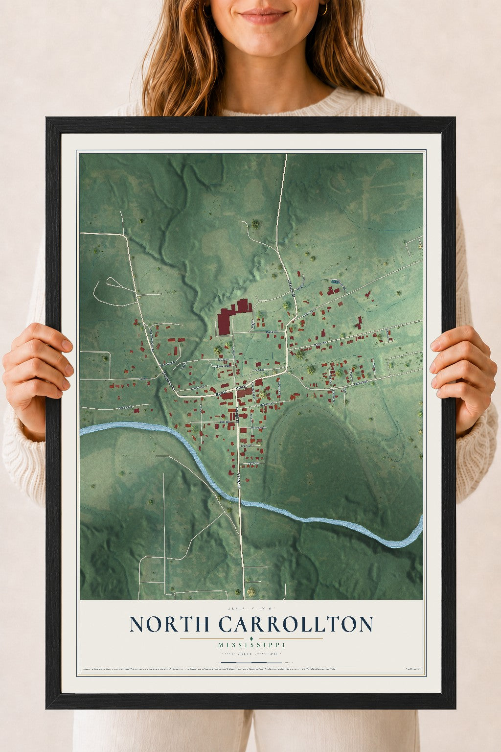 Map of North Carrollton, Mississippi, 18 x 24 inch print in a black wood frame