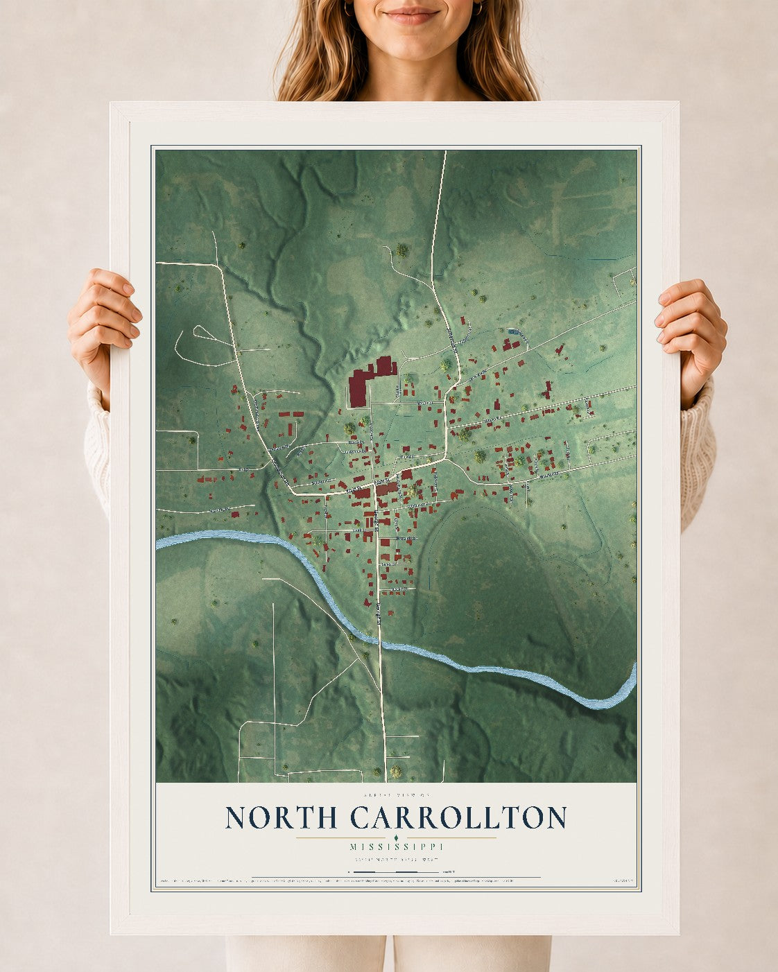 Map of North Carrollton, Mississippi, 24 x 36 inch print in a white wood frame