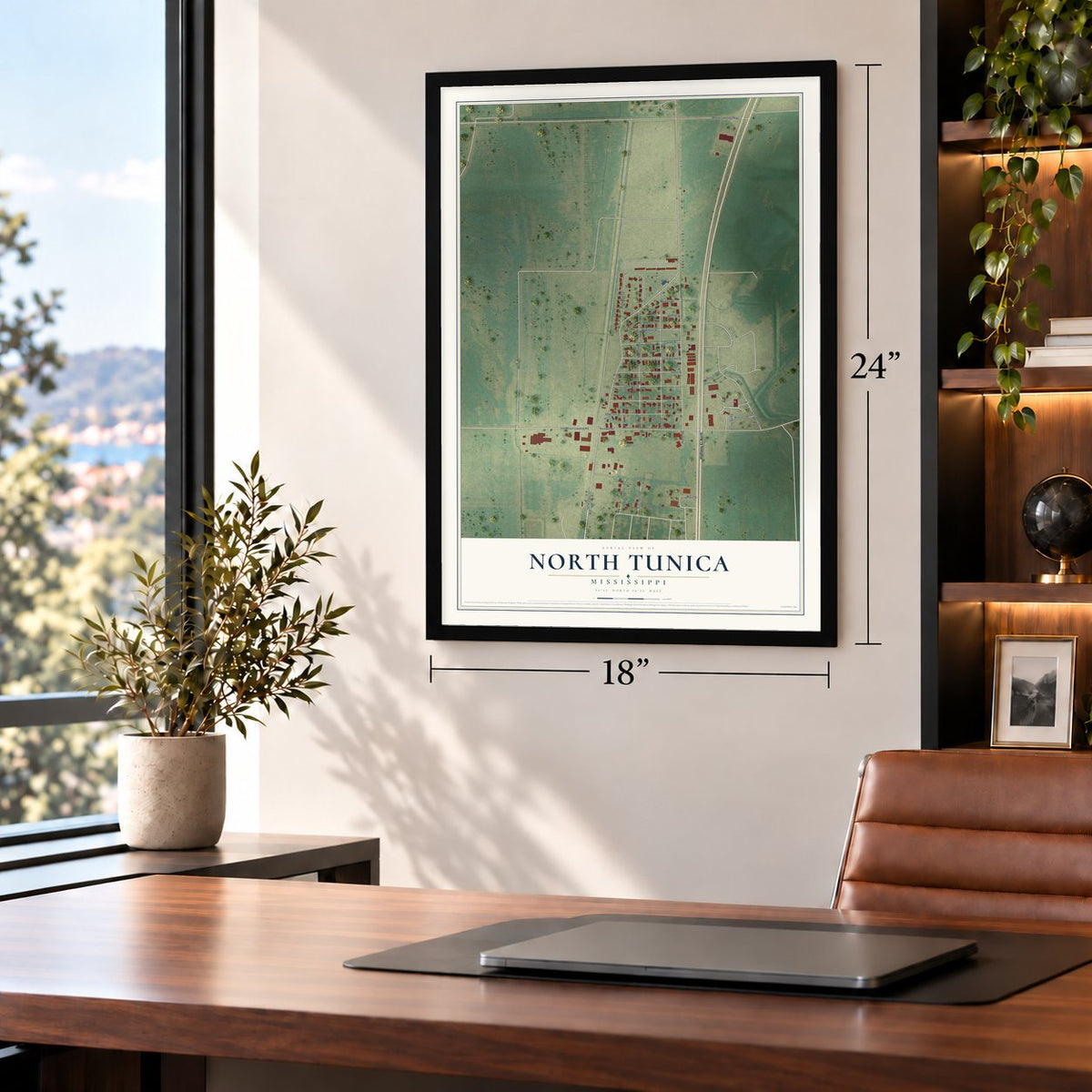 North Tunica, Mississippi map, 18 x 24 inch print in a black frame in a home office